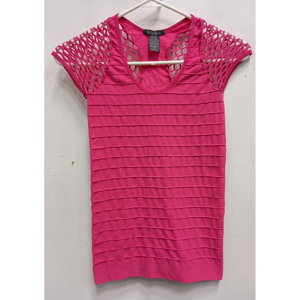 Y2K VTG Soho Girls Mesh Cutout Ribbed Tank Top OS Pink Sleeveless Bodycon